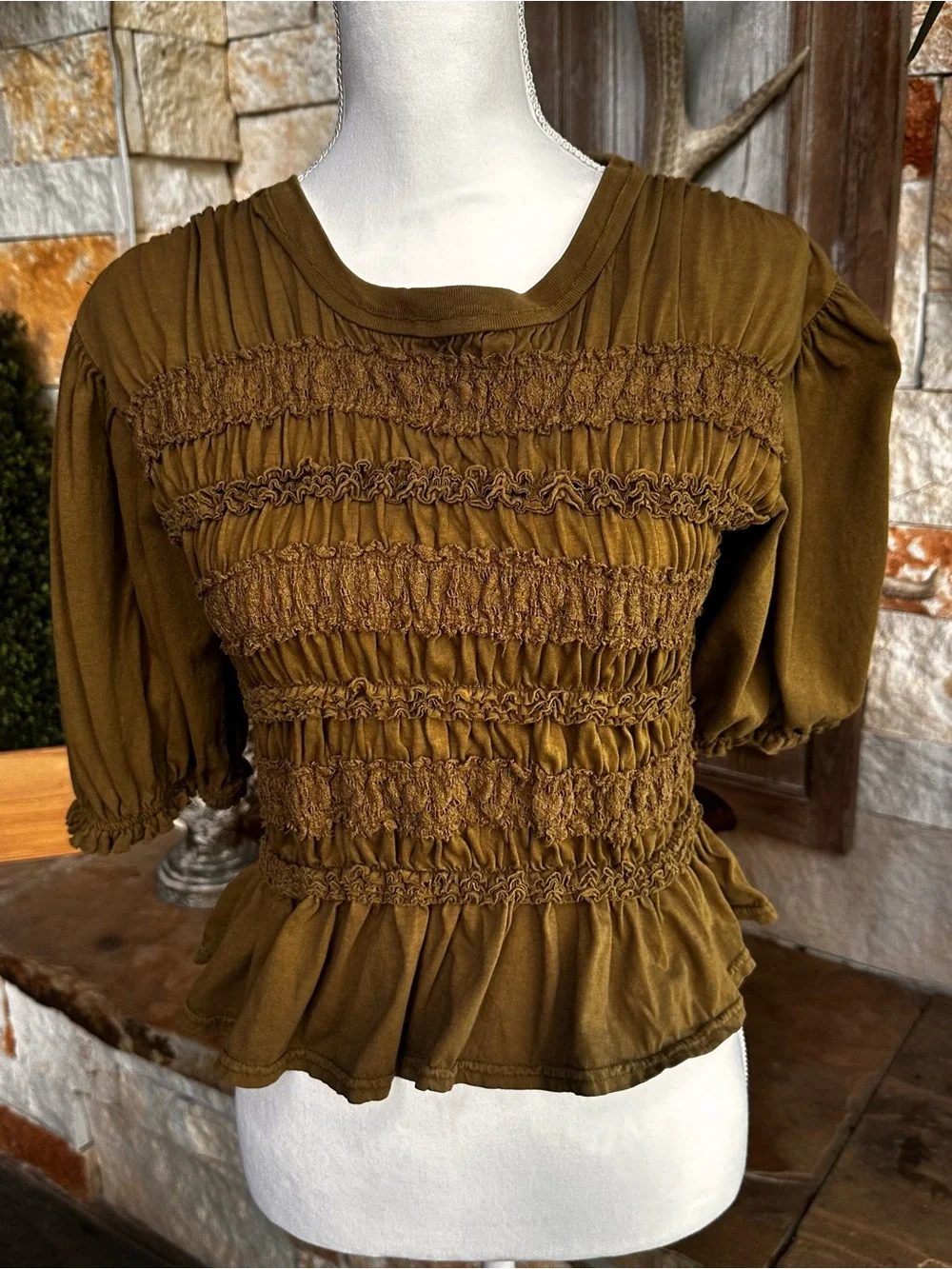 Free People Olive Smocked Long Sleeve Peasant Top Dress